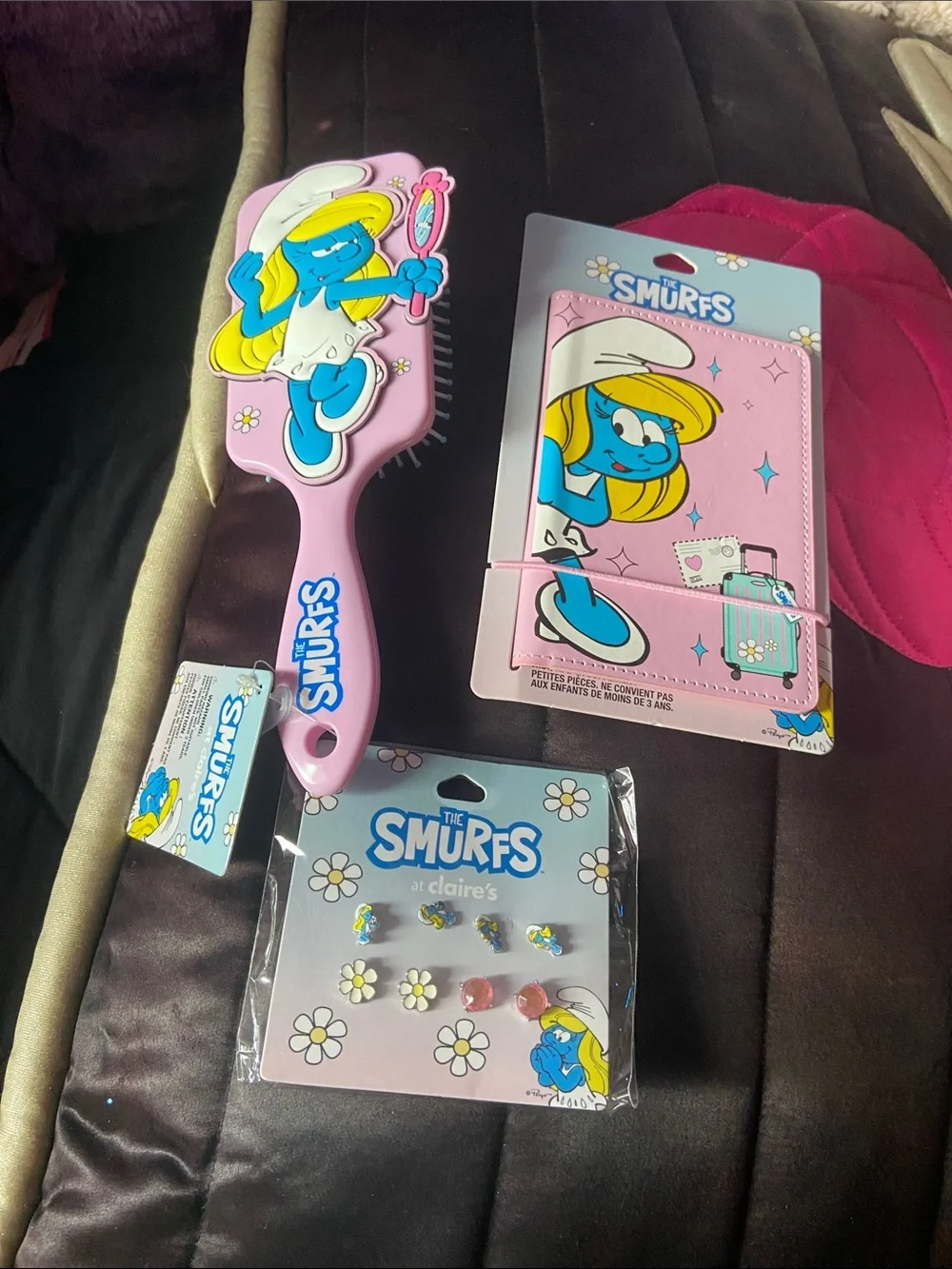 Smurfette Pink Hair Brush & Journal Gift Set and earrings